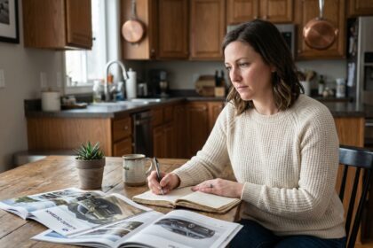 Femme réfléchissant en cuisine avec brochures auto
