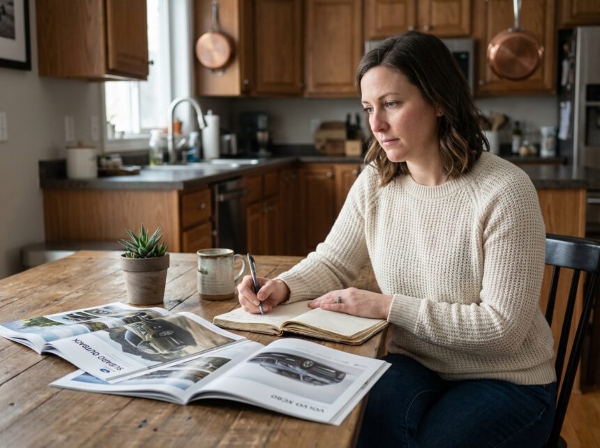 Femme réfléchissant en cuisine avec brochures auto