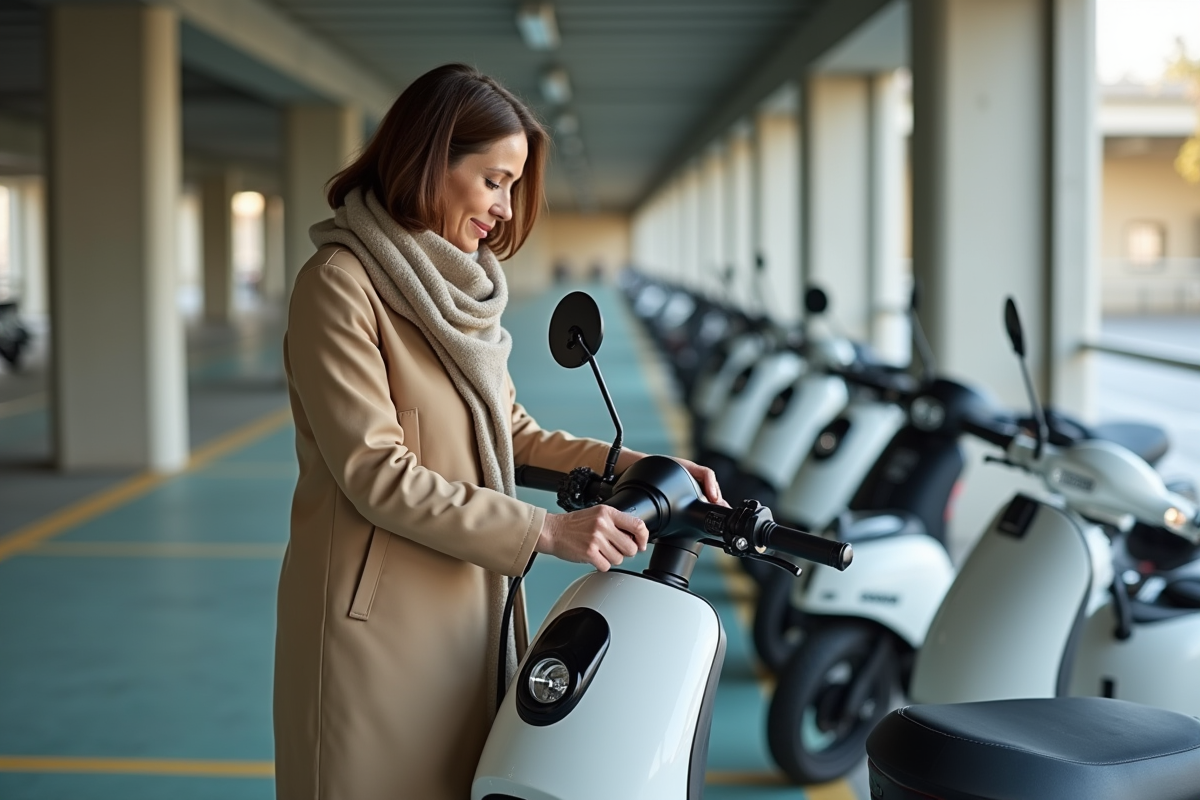 Femme examinant un chargeur de scooter électrique dans un parking