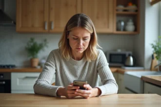 Femme d'âge moyen utilisant son smartphone dans la cuisine