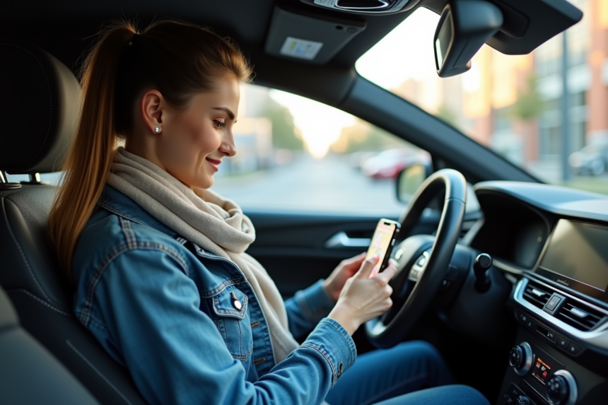 Jeune femme dans une voiture pointant son smartphone