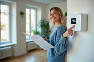 Femme souriante vérifiant sa facture d énergie dans son salon