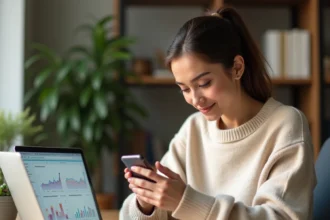 Jeune femme consultant les statistiques de ses abonnés TikTok sur son smartphone dans un bureau à domicile moderne