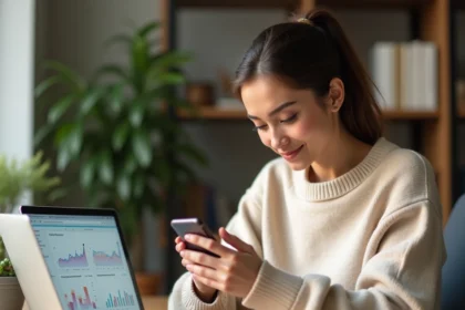 Jeune femme consultant les statistiques de ses abonnés TikTok sur son smartphone dans un bureau à domicile moderne