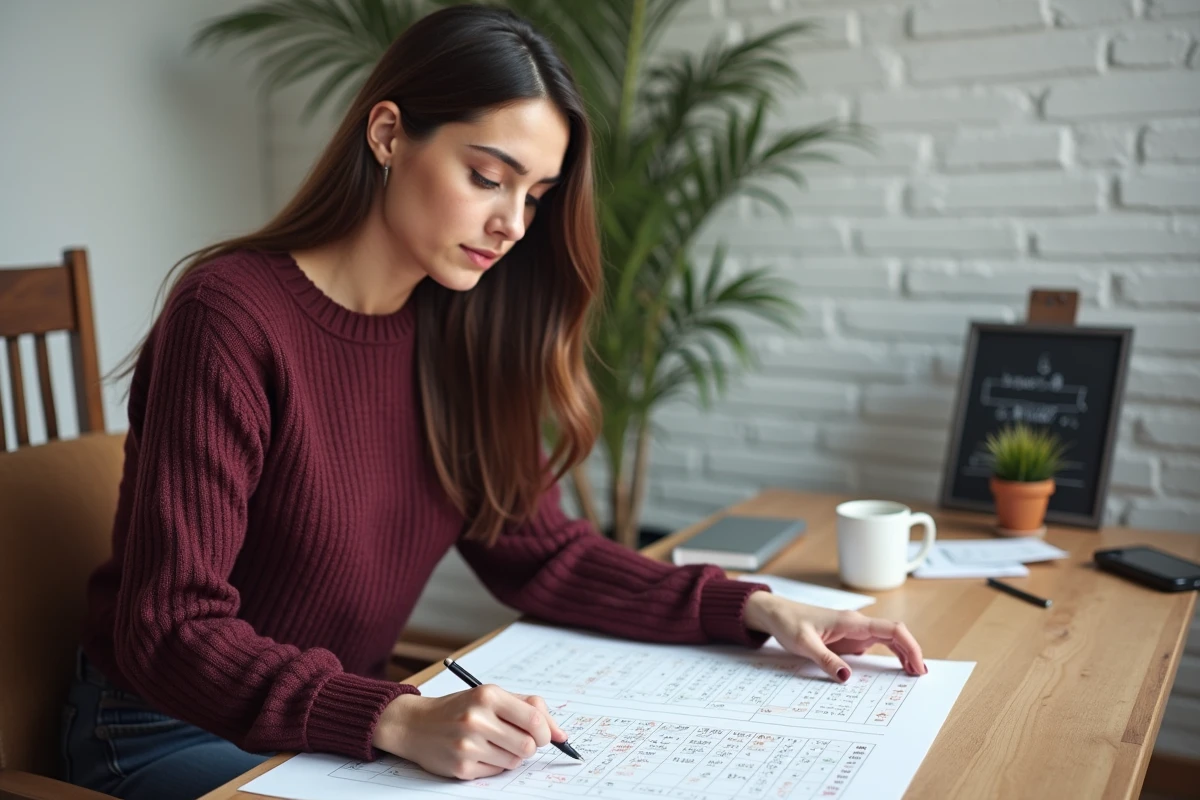 Femme étudiant un tableau de conversion pente en pourcentage et degrés à son bureau