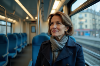 Femme française dans un train urbain regardant par la fenêtre