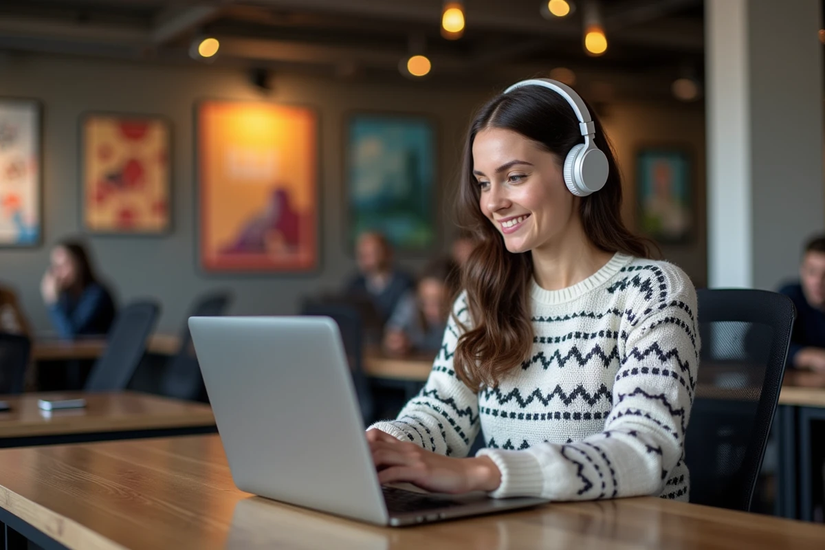 Femme travaillant sur un laptop dans un espace coworking