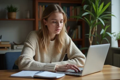 Jeune femme concentrée sur son ordinateur à la maison