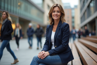 Femme confiante en blazer et jeans dans une place urbaine
