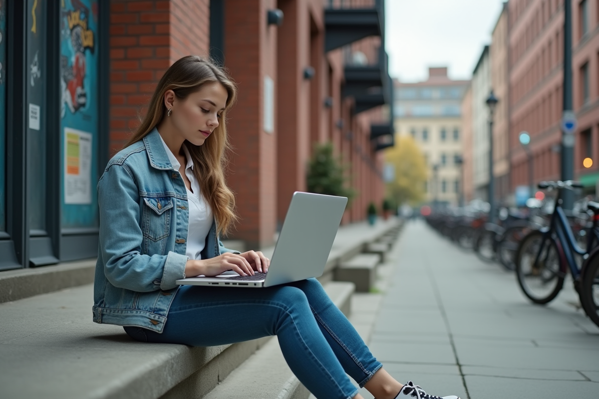 Jeune femme urbaine assise sur un pas de béton avec un ordinateur portable