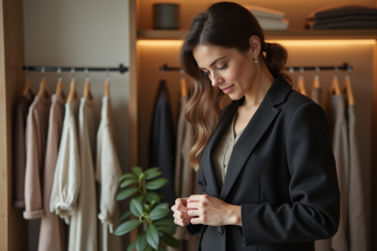 Femme inspectant un manteau en laine dans une boutique élégante