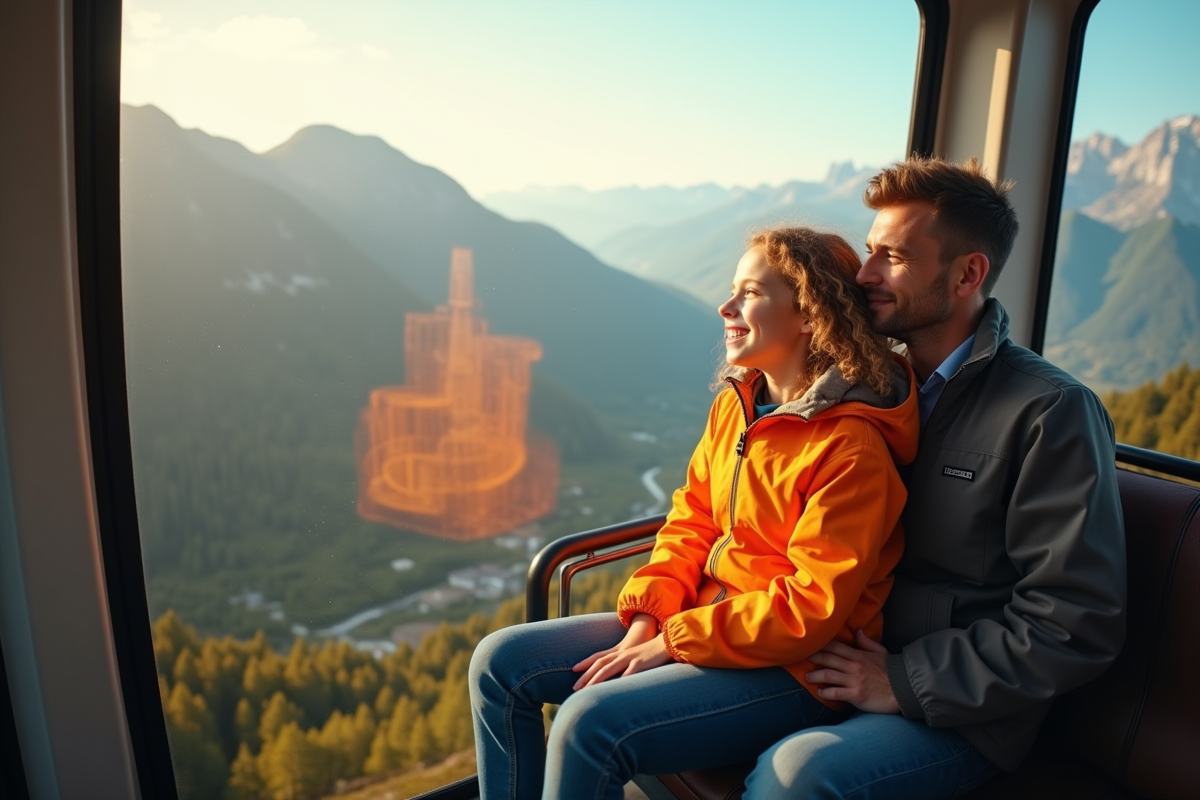 Une fille regarde la montagne depuis une cabine de téléphérique