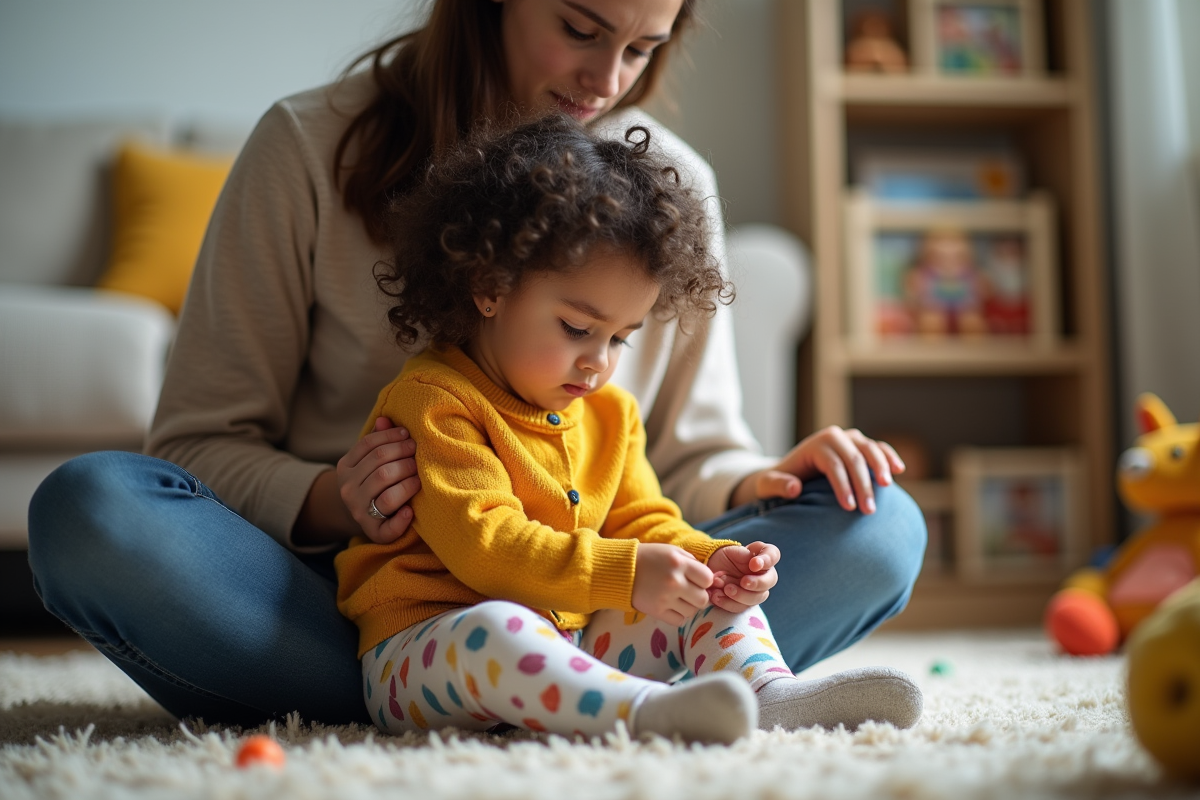 Fille de 7 ans avec parent dans un salon cosy