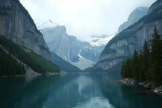 Fjord d'Alaska aux falaises granitiques abruptes surplombant des eaux glaciaires sombres, paysage sauvage évoquant le site du tsunami de 1958 à Lituya Bay