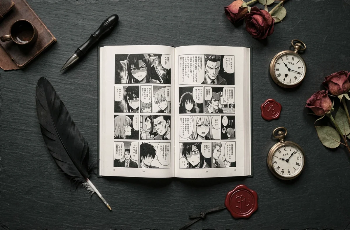 Mise en scène éditoriale flat-lay d'un manga villain académie des démons avec plume, sceau de cire et montre ancienne sur ardoise noire