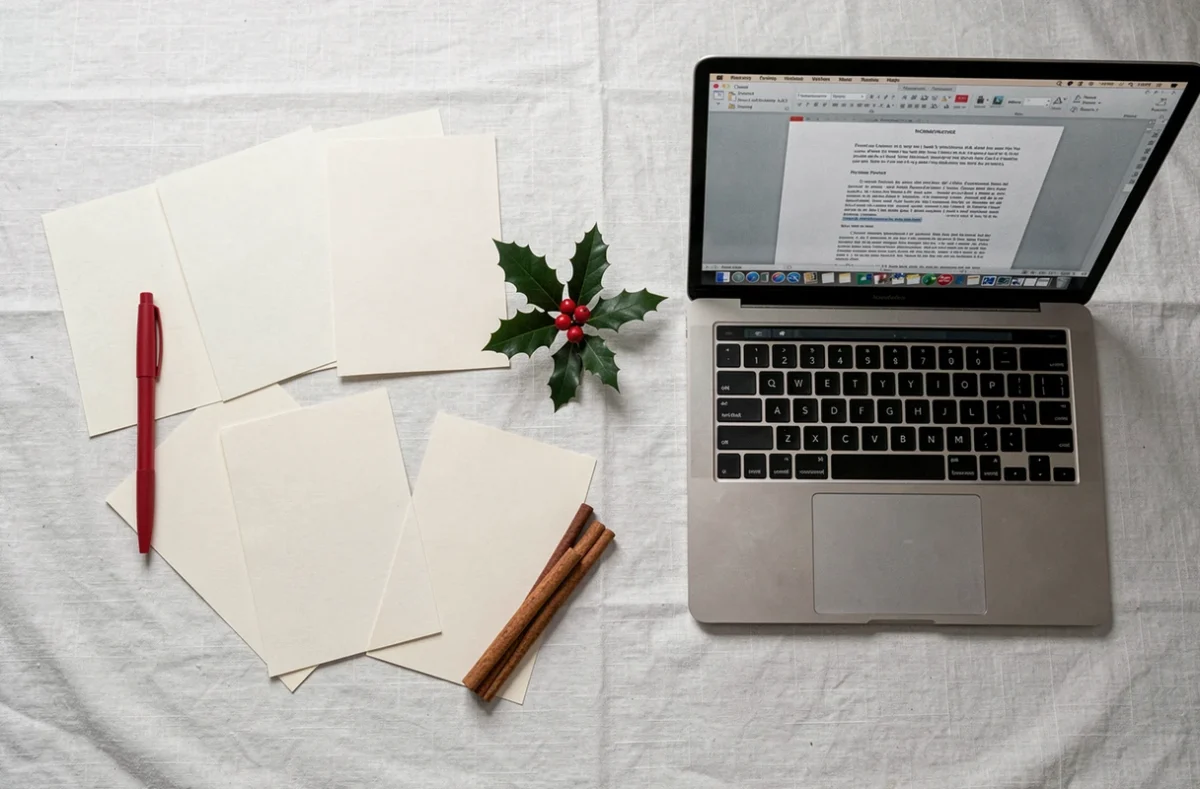 Mise à plat de templates de cartes de Noël vierges à imprimer avec stylo rouge et décorations festives