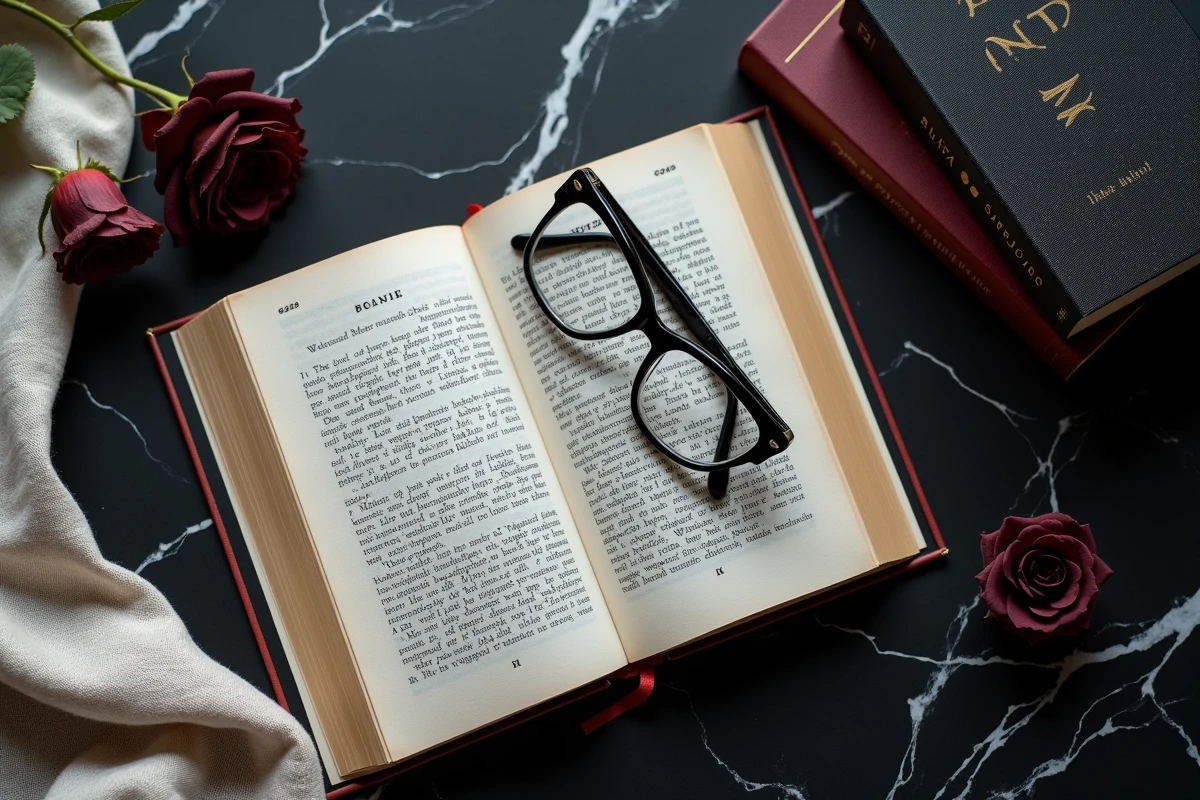 Flatlay éditorial d'un roman dark romance ouvert sur une surface en marbre sombre avec une rose séchée et une pile de livres aux couvertures sombres
