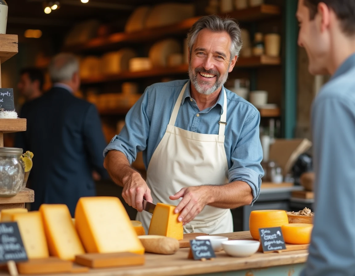 Fromager artisan découpant un Livarot au marché du samedi de Deauville