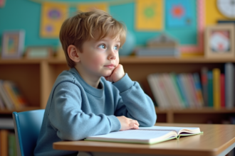 Garçon de 9 ans en classe avec livres et posters colorés