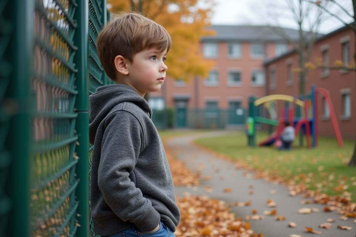 Garçon regardant au loin dans la cour d