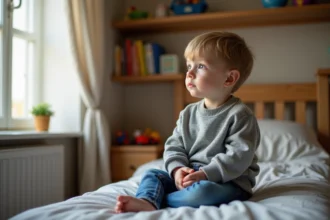 Garçon de 8 ans regardant par la fenêtre dans sa chambre