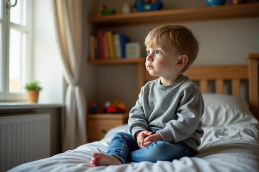 Garçon de 8 ans regardant par la fenêtre dans sa chambre