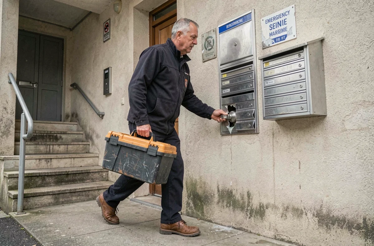 Serrurier dépanneur arrivant en urgence sur un immeuble résidentiel en Seine-Maritime