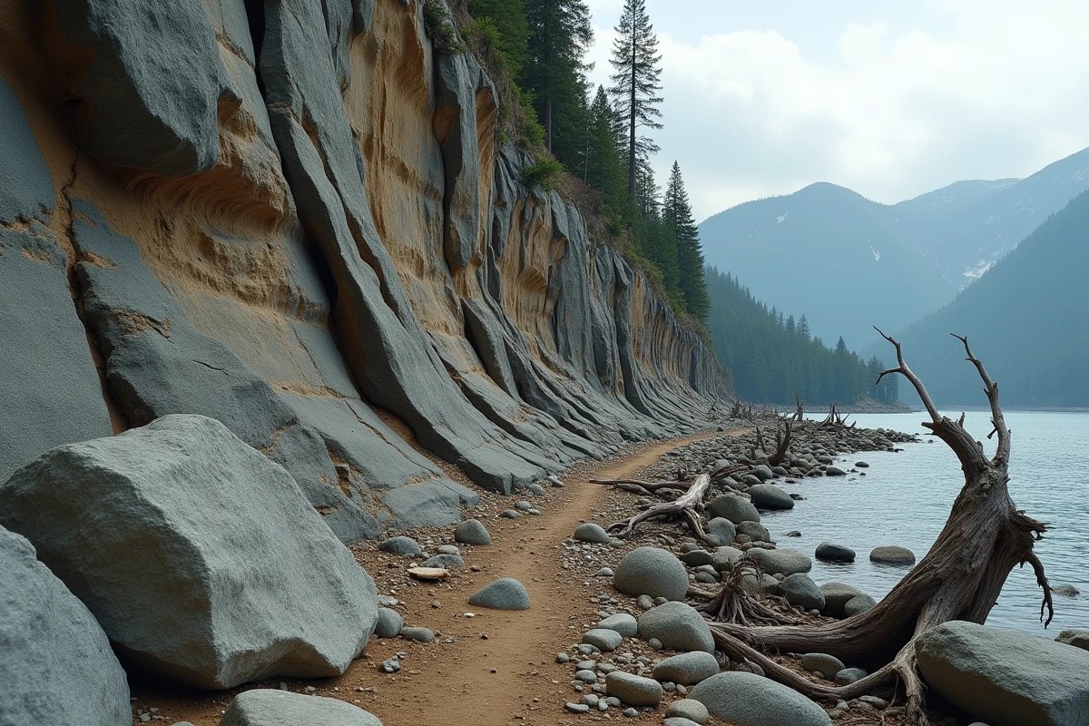 Paroi rocheuse fracturée avec débris géologiques et arbres déracinés au bord de l'eau, traces d'un glissement de terrain massif précurseur de mégatsunami