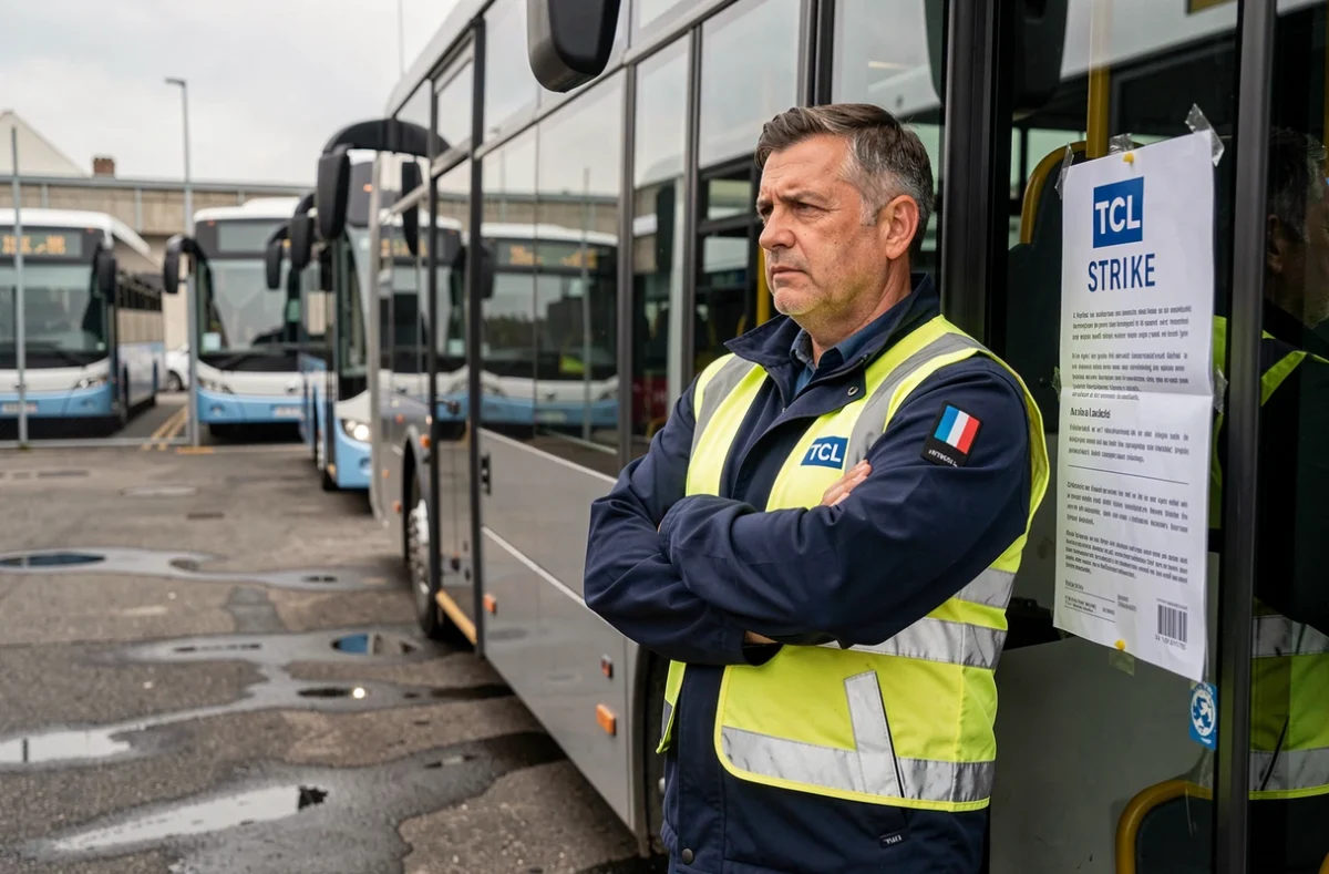 Chauffeur de bus TCL en grève devant des bus immobilisés dans un dépôt de Lyon, affichette syndicale visible