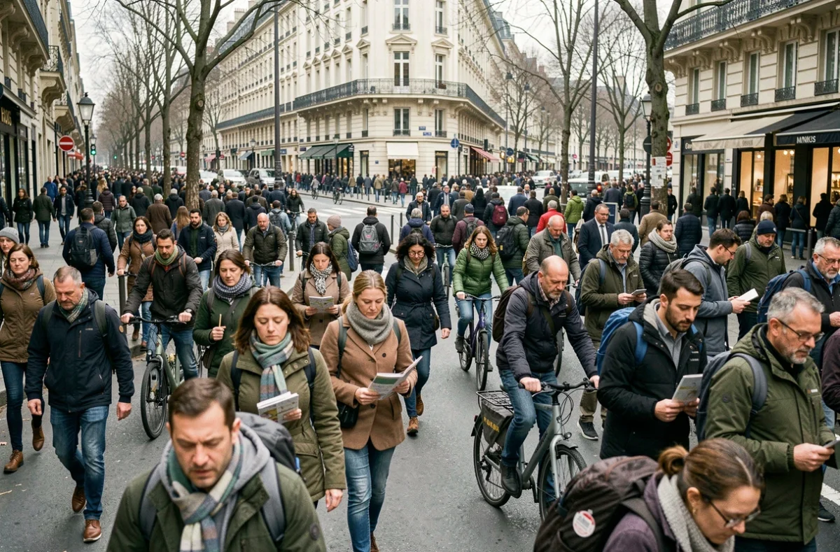 Foule de piétons et cyclistes dans les rues de Lyon lors d'une grève des transports TCL en décembre