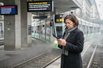 Femme seule sur un quai de tramway TCL vide lors d'une grève à Lyon, affichage de perturbations en arrière-plan