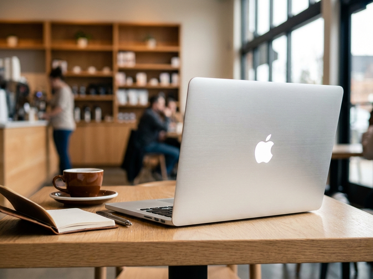 Gros plan d'un MacBook Apple ouvert sur une table en bois dans un café contemporain