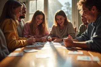 Groupe d'amis jouant à SkipBo autour d'une table ensoleillée