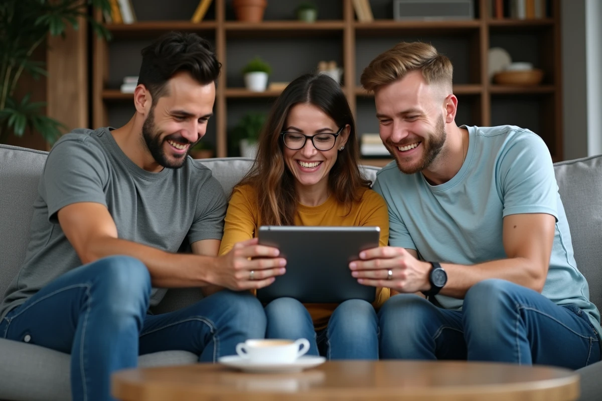 Groupe d'amis jouant gratuitement à Monopoly en ligne sur une tablette dans un salon moderne