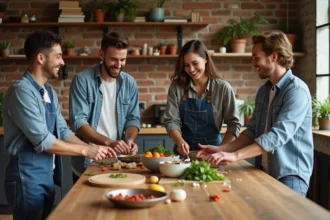 Jeunes adultes cuisinant ensemble dans une cuisine moderne