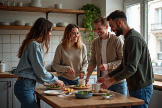 Quatre jeunes adultes dans une cuisine parisienne conviviale