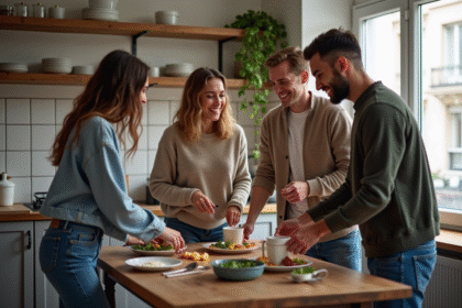 Quatre jeunes adultes dans une cuisine parisienne conviviale