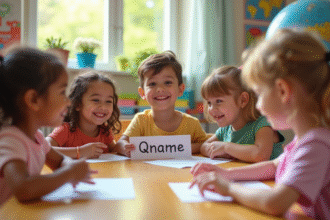 Groupe d'enfants souriants avec cartes noms dans une classe lumineuse