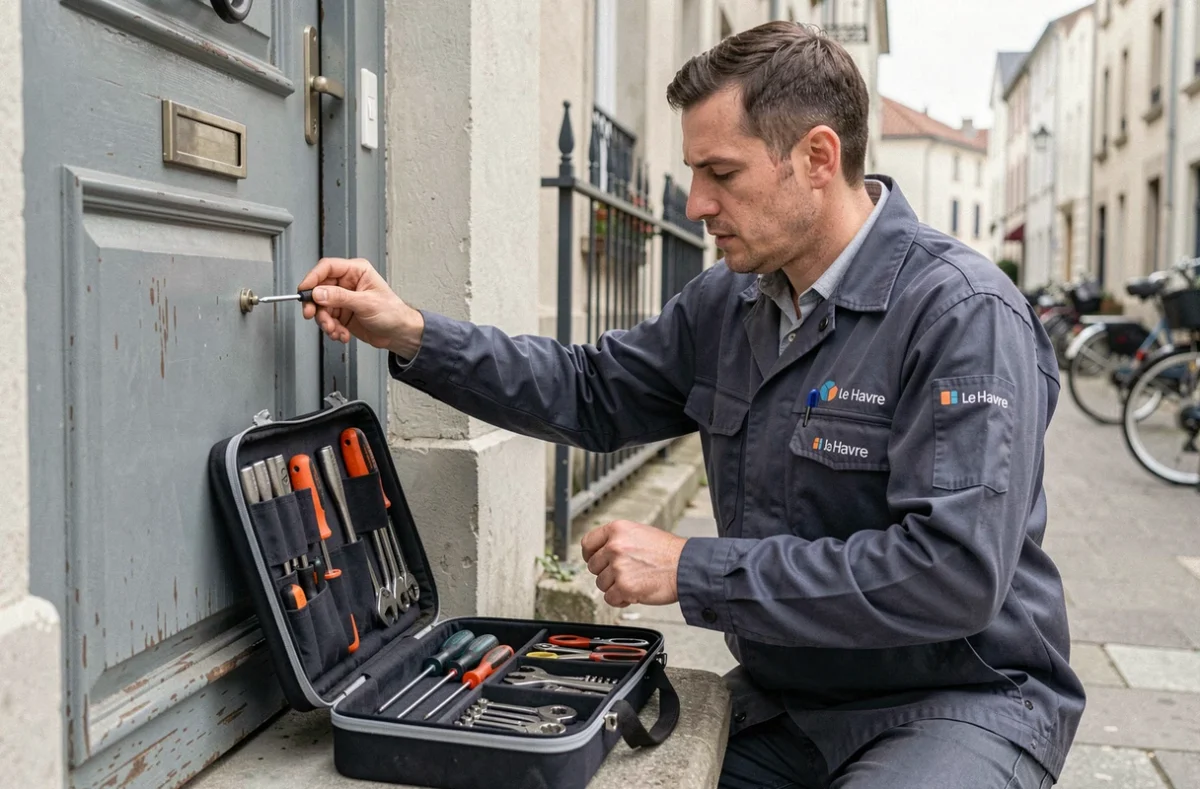 Technicien serrurier remplaçant la quincaillerie d'une porte d'entrée résidentielle au Havre avec sa mallette d'outils