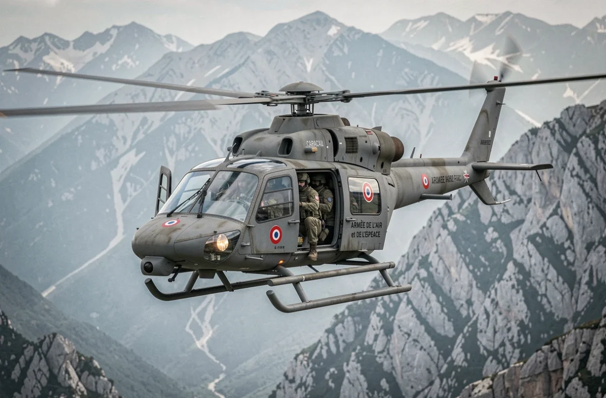 Hélicoptère Caracal de l'Armée de l'Air et de l'Espace en vol tactique au-dessus des montagnes avec forces spéciales