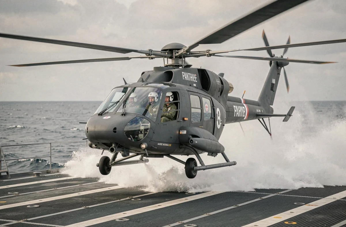 Hélicoptère Panther de la Marine Nationale française décollant du pont d'un navire de guerre en mer