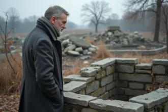 Historien urbain contemplant une fondation en ruines