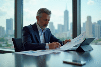 Homme d'affaires en costume analysant des graphiques financiers