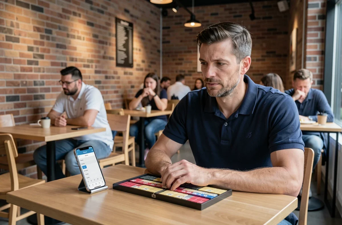 Homme utilisant un solveur d'anagrammes sur smartphone à côté d'un jeu de Scrabble dans un café moderne