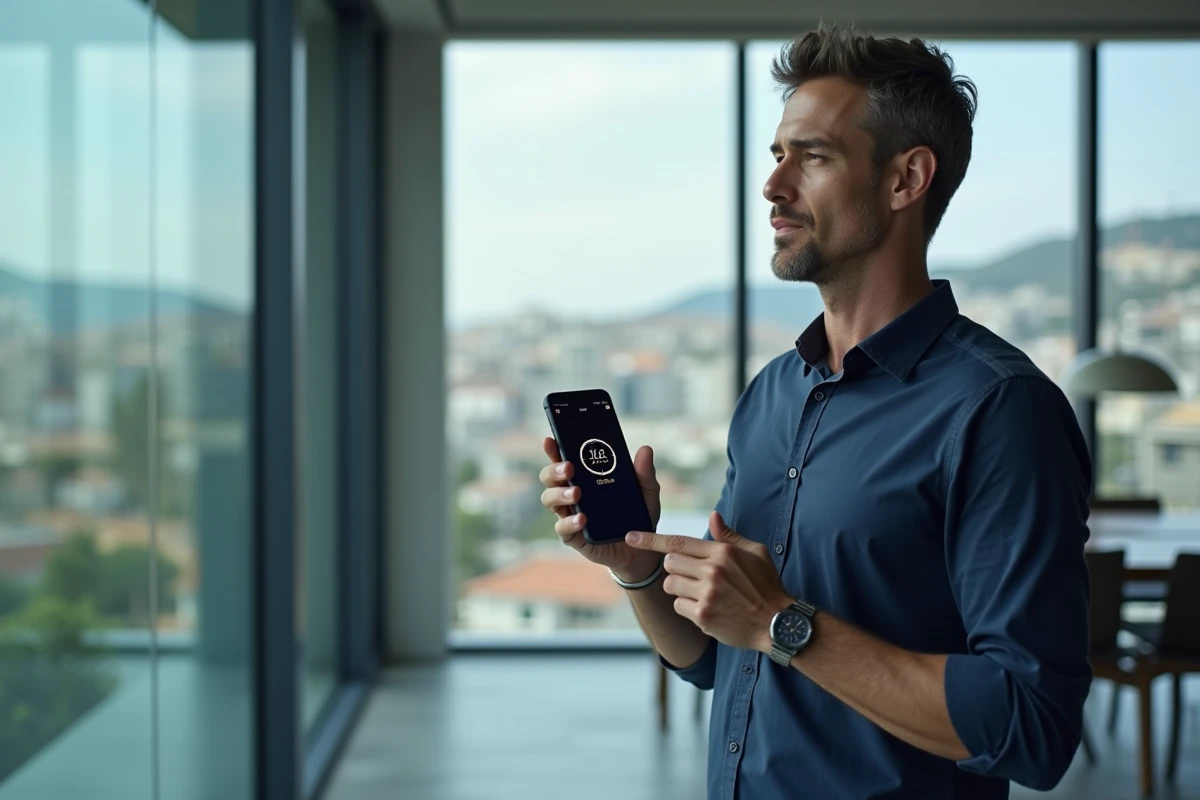 Homme d'affaires vérifiant l'heure GMT+2 sur une application horloge mondiale depuis un bureau moderne avec vue sur la ville