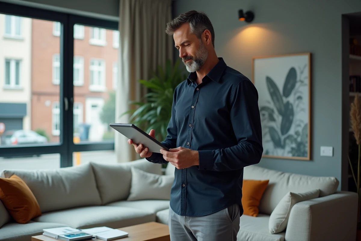 Homme utilisant une tablette pour consulter un site d'avis consommateurs dans un salon contemporain