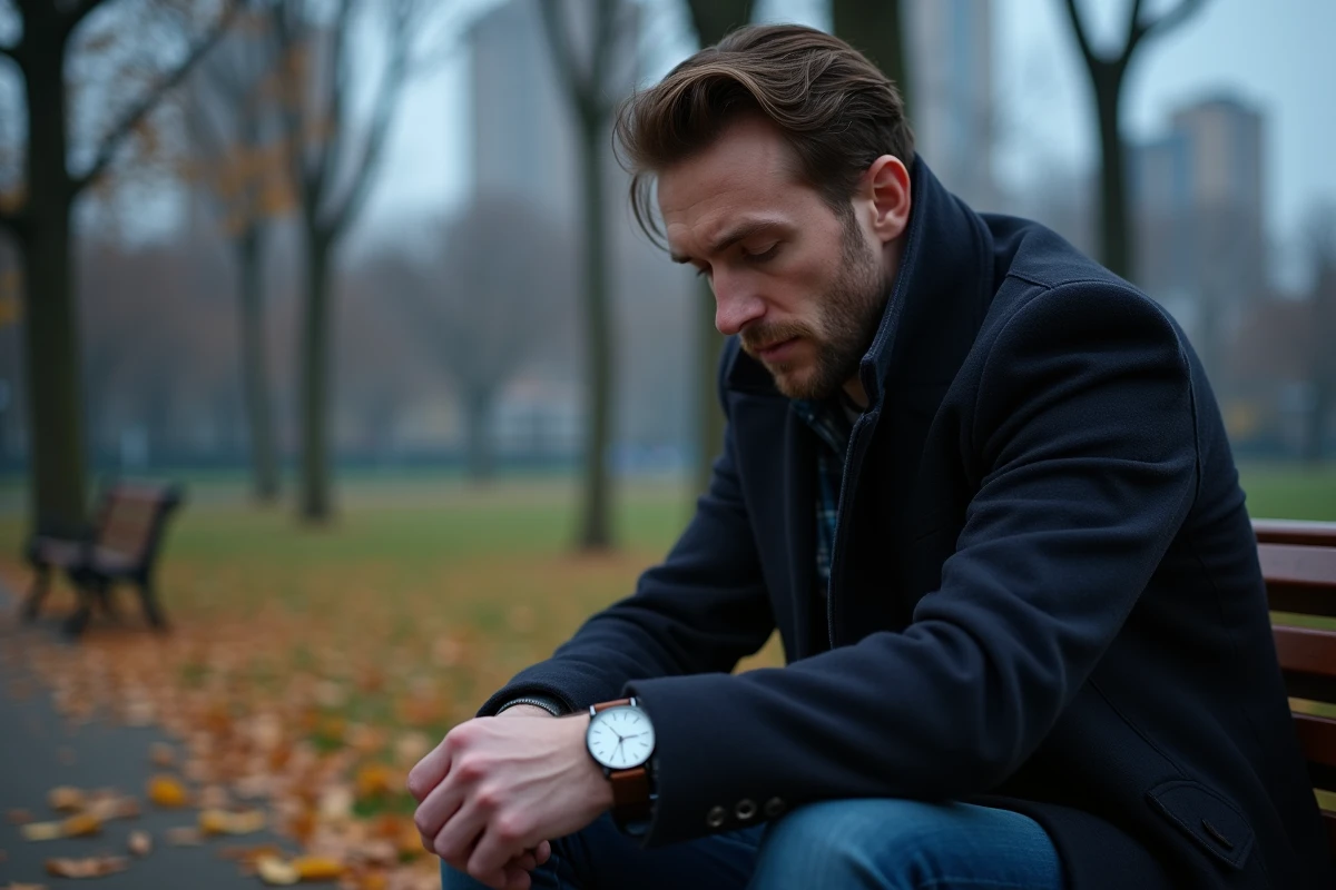 Homme mélancolique assis sur un banc de parc en automne regardant sa montre affichant 20h20, évoquant la réflexion sur un ancien amour