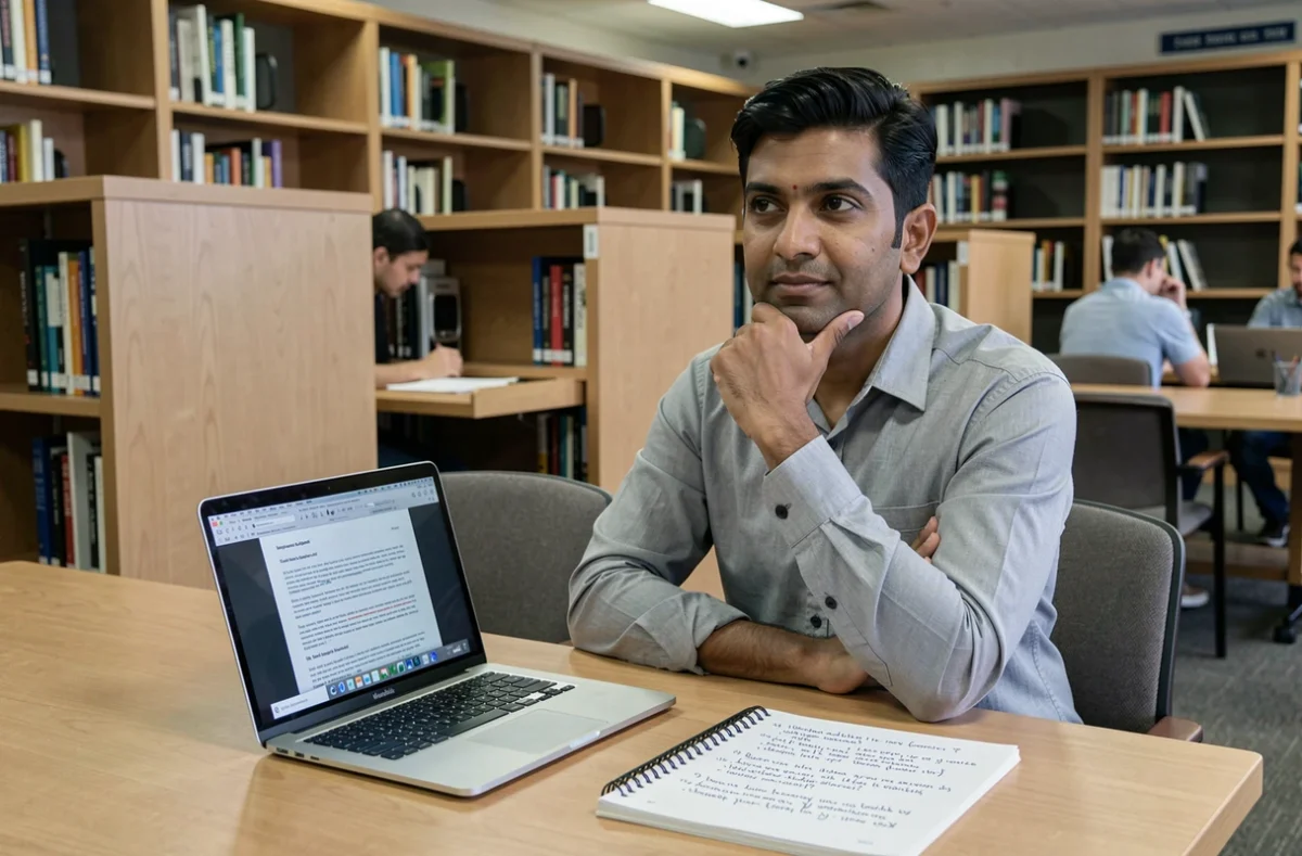 Homme d'origine asiatique préparant son entretien de naturalisation dans une bibliothèque publique