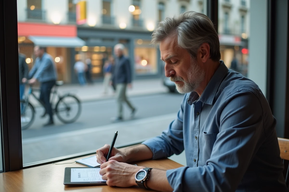 Homme d affaires utilisant une tablette dans un café urbain
