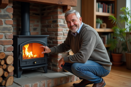 Homme d'âge moyen dans un salon chaleureux avec cheminée moderne